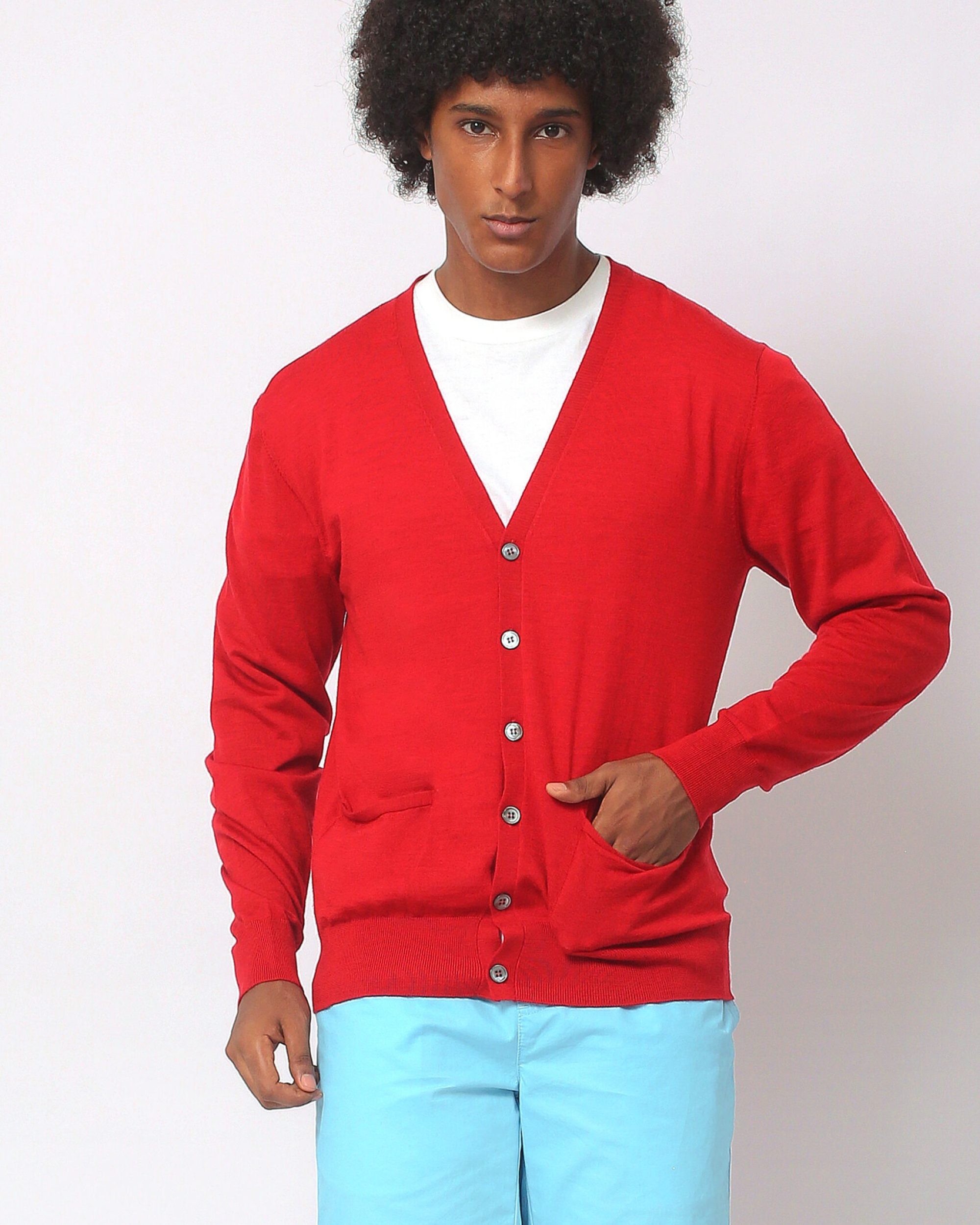 Merino Wool Button V-Cardigan Red 2 (1)